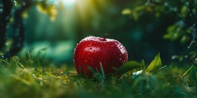 Frais rouge Pomme sur vert herbe. génératif ai photo