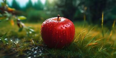 Frais rouge Pomme sur vert herbe. génératif ai photo