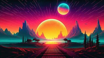 génératif ai, Années 80 rétro futuriste science-fiction., nostalgique années 90. nuit et le coucher du soleil néon couleurs, cyberpunk ancien illustration. soleil, montagnes et palmiers. retrowave vj jeu vidéo paysage. photo