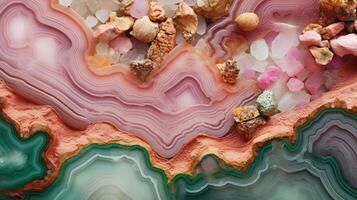 génératif ai, Naturel volcanique agate des pierres fermer lumière rose, vert et d'or texture. fond d'écran arrière-plan, quartz marbre, décoratif Roche modèle. photo