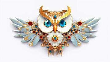 génératif ai, magnifique coloré hibou broche, opale pierre et d'or Couleur palette isolé sur blanc Contexte. bijouterie, bijoux proche en haut photo