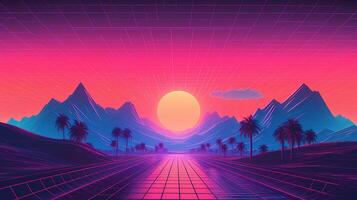 génératif ai, Années 80 rétro futuriste science-fiction., nostalgique années 90. nuit et le coucher du soleil néon couleurs, cyberpunk ancien illustration. soleil, montagnes et palmiers. retrowave vj jeu vidéo paysage. photo