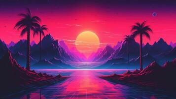 génératif ai, Années 80 rétro futuriste science-fiction., nostalgique années 90. nuit et le coucher du soleil néon couleurs, cyberpunk ancien illustration. soleil, montagnes et palmiers. retrowave vj jeu vidéo paysage. photo