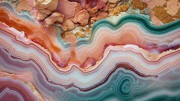 génératif ai, Naturel volcanique agate des pierres fermer lumière rose, vert et d'or texture. fond d'écran arrière-plan, quartz marbre, décoratif Roche modèle. photo