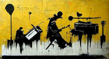 génératif ai, abstrait rue art avec clés et musical instruments silhouettes. encre coloré graffiti art sur une texturé papier ancien arrière-plan, inspiré par banky. photo