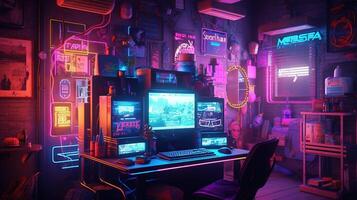 génératif ai, ordinateur sur le table dans cyberpunk style, nostalgique années 80, années 90. néon nuit lumières vibrant couleurs, photoréaliste horizontal illustration de le futuriste intérieur. La technologie concept. photo