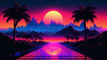 génératif ai, Années 80 rétro futuriste science-fiction., nostalgique années 90. nuit et le coucher du soleil néon couleurs, cyberpunk ancien illustration. soleil, montagnes et palmiers. retrowave vj jeu vidéo paysage. photo