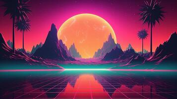 génératif ai, Années 80 rétro futuriste science-fiction., nostalgique années 90. nuit et le coucher du soleil néon couleurs, cyberpunk ancien illustration. soleil, montagnes et palmiers. retrowave vj jeu vidéo paysage. photo