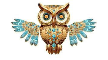 génératif ai, magnifique coloré hibou broche, opale pierre et d'or Couleur palette isolé sur blanc Contexte. bijouterie, bijoux proche en haut photo