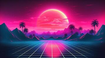 génératif ai, Années 80 rétro futuriste science-fiction., nostalgique années 90. nuit et le coucher du soleil néon couleurs, cyberpunk ancien illustration. soleil, montagnes et palmiers. retrowave vj jeu vidéo paysage. photo