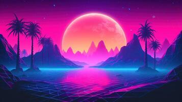 génératif ai, Années 80 rétro futuriste science-fiction., nostalgique années 90. nuit et le coucher du soleil néon couleurs, cyberpunk ancien illustration. soleil, montagnes et palmiers. retrowave vj jeu vidéo paysage. photo