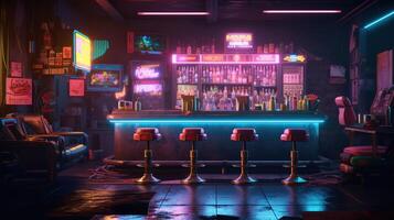 génératif ai, cyberpunk style bar ou café. nuit scène de gros ville, futuriste nostalgique années 80, années 90. néon lumières vibrant couleurs, photoréaliste horizontal illustration. photo