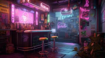 génératif ai, cyberpunk style bar ou café. nuit scène de gros ville, futuriste nostalgique années 80, années 90. néon lumières vibrant couleurs, photoréaliste horizontal illustration. photo