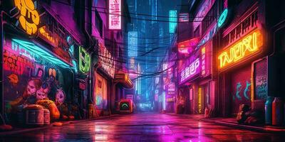 génératif ai, nuit scène de gros ville dans cyberpunk style, futuriste nostalgique années 80, années 90. néon lumières vibrant couleurs, photoréaliste horizontal illustration. photo