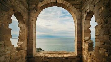 génératif ai, historique médiéval pierre cambre les fenêtres avec romantique vue de mer ou océan, été paysage Contexte. photo
