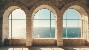 génératif ai, historique médiéval pierre cambre les fenêtres avec romantique vue de mer ou océan, été paysage Contexte. photo