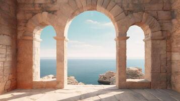 génératif ai, historique médiéval pierre cambre les fenêtres avec romantique vue de mer ou océan, été paysage Contexte. photo