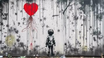 génératif ai, encre noir rue graffiti art avec enfant sur une texturé papier ancien arrière-plan, inspiré par banky. photo