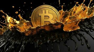 génératif ai, bitcoin avec d'or Jaune et noir liquide, numérique crypto-monnaie pièce de monnaie. exploitation minière ou blockchain La technologie photo