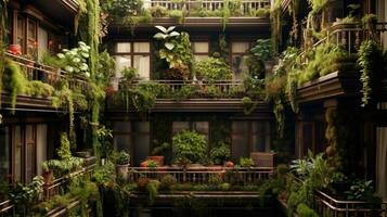 génératif ai, magnifique balcon entouré par une tropical style jardin, épanouissement fleurs et vert les plantes photo