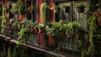 génératif ai, magnifique balcon entouré par une tropical style jardin, épanouissement fleurs et vert les plantes photo