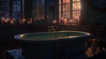 génératif ai, intérieur de moderne salle de bains avec brûlant bougies dans soir. romantique atmosphère, spa et se détendre concept photo