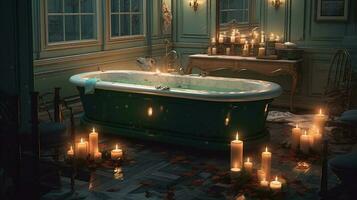 génératif ai, intérieur de moderne salle de bains avec brûlant bougies dans soir. romantique atmosphère, spa et se détendre concept photo