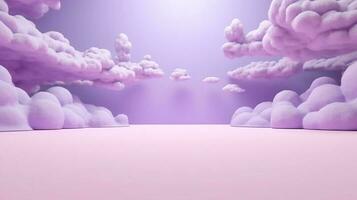 génératif ai, violet, numérique lavande Couleur fantastique 3d des nuages sur le sol, ciel et paysage. doux couleurs et avec brillant lumières. photo