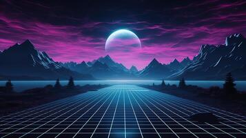 génératif ai, Années 80 rétro futuriste science-fiction., nostalgique années 90. nuit et le coucher du soleil néon couleurs, cyberpunk ancien illustration. soleil, montagnes et palmiers. retrowave vj jeu vidéo paysage. photo