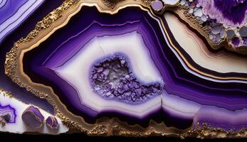 génératif ai, Naturel volcanique agate des pierres fermer lumière numérique lavande et d'or texture. fond d'écran arrière-plan, quartz marbre, décoratif Roche modèle. photo