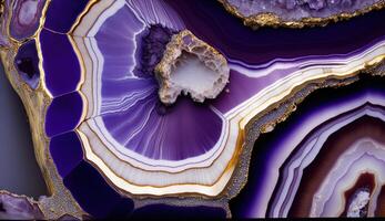 génératif ai, Naturel volcanique agate des pierres fermer lumière numérique lavande et d'or texture. fond d'écran arrière-plan, quartz marbre, décoratif Roche modèle. photo