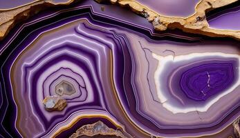 génératif ai, Naturel volcanique agate des pierres fermer lumière numérique lavande et d'or texture. fond d'écran arrière-plan, quartz marbre, décoratif Roche modèle. photo