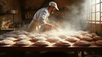 génératif ai, vieux homme mains de boulanger dans restaurant ou Accueil cuisine, prépare écologiquement Naturel des pâtisseries. photo