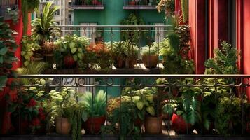 génératif ai, magnifique balcon entouré par une tropical style jardin, épanouissement fleurs et vert les plantes photo