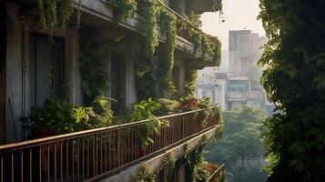 génératif ai, magnifique balcon entouré par une tropical style jardin, épanouissement fleurs et vert les plantes photo