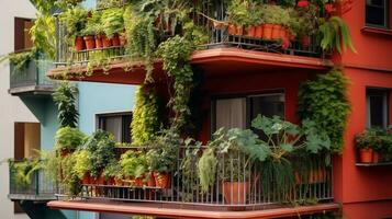 génératif ai, magnifique balcon entouré par une tropical style jardin, épanouissement fleurs et vert les plantes photo