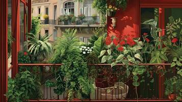 génératif ai, magnifique balcon entouré par une tropical style jardin, épanouissement fleurs et vert les plantes photo