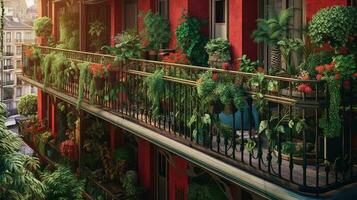 génératif ai, magnifique balcon entouré par une tropical style jardin, épanouissement fleurs et vert les plantes photo