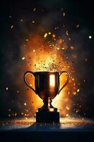 génératif ai, gagnant trophée avec flammes, d'or champion tasse avec chute confettis sur foncé verticale Contexte photo