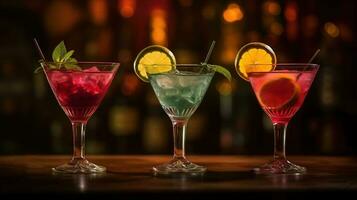 génératif ai, Trois différent brillant des cocktails des lunettes sur le bar foncé Contexte. photo