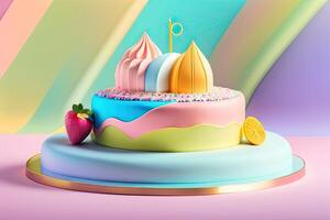 coloré anniversaire gâteau sur pastel Contexte génératif ai photo