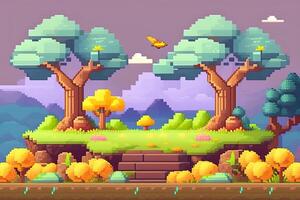 pixel art style paysage avec une arbre et montagnes dans le Contexte. génératif ai photo