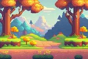 pixel art style paysage avec une arbre et montagnes dans le Contexte. génératif ai photo