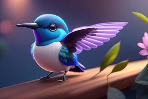 mignonne adorable peu bleu colibri agitant ailes et mouche génératif ai photo