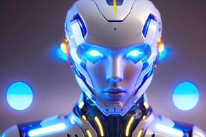 humanoïde cyborg avec bleu embrasé. blanc robot génératif ai photo