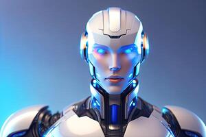 humanoïde cyborg avec bleu embrasé. blanc robot génératif ai photo