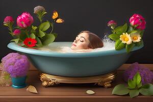 femme en train de lire livre dans une baignoire avec fleurs génératif ai photo