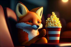 Renard à cinéma en train de regarder film avec pop corn photo