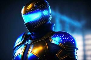 futuriste cyber robot armure avec bleu lueur photo