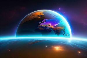 espace violet Contexte avec Terre lueur photo